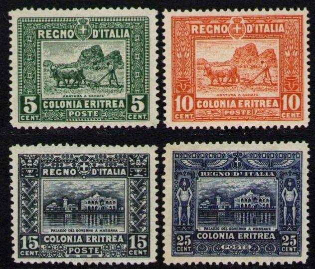 Eritrea italiana 1910 - Soggetti africani, serie completa di 4 valori dentellati 13,50. Ottima centratura e certificato - Sassone 3437