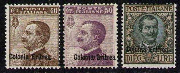 Eritrea italiana 1916 - Vittorio Emanuele III, 3 valori soprastampati. Certificati - Sassone 3840