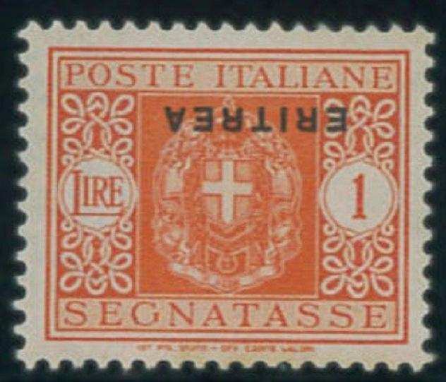 Eritrea italiana 1934 - Segnatasse 1 lira arancio n. 34a, con sovrastampa capovolta. (Cert. R. Diena).