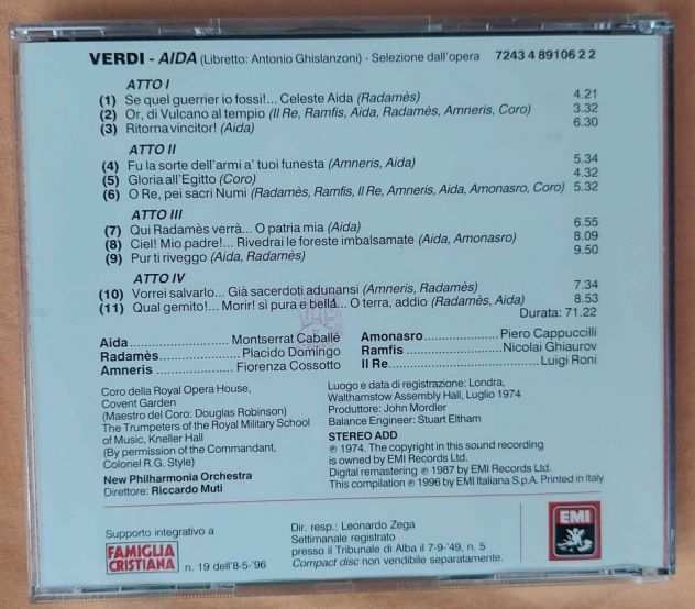 FAMIGLIA CRISTIANA Giuseppe Verdi quotAida Le pagine piugrave belle quot EMI CD N.19