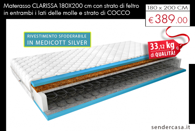 FAVOLOSO MATERASSO A MOLLE SFODERABILE CLARISSA 180 X 200 CM
