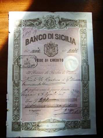 Fede di credito da 298 lire - banco di sicilia del 1883