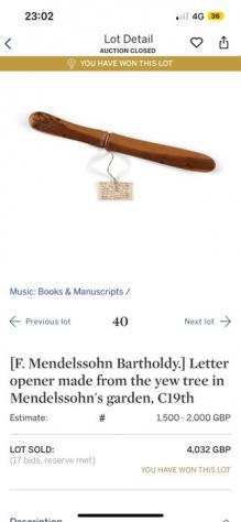Felix Mendelssohn Bartholdy - Letter opener made from the yew tree in Mendelssohns Berlin garden - 1821