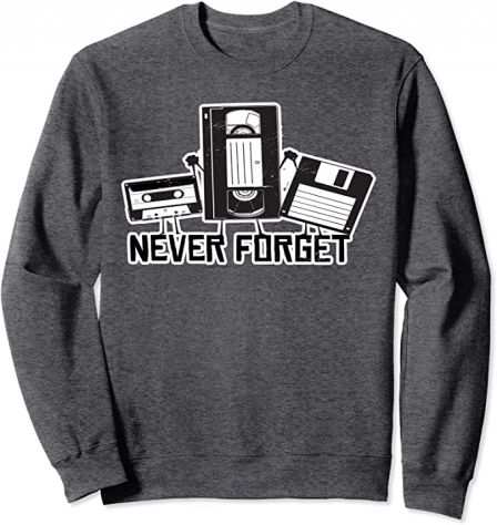 Felpa nuova Never Forget taglia L-XL con audiocassetta, videocassetta e floppy