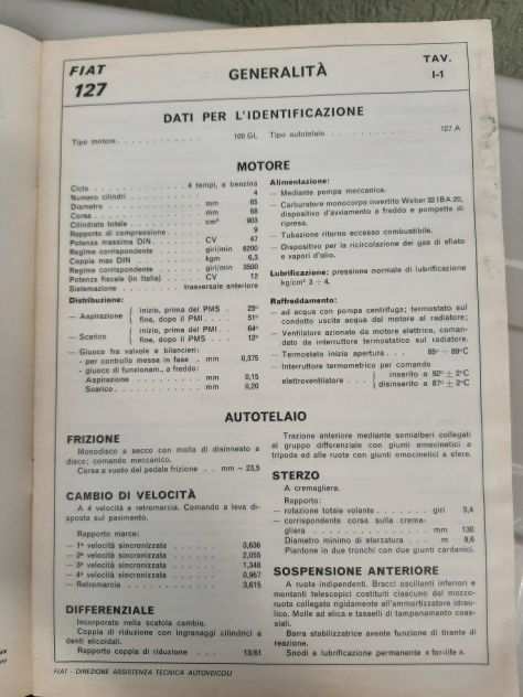 FIAT 127 DATI PRINCIPALI PER LE RIPARAZIONI ANNO 1971 ORIGINALE