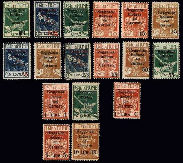 Fiume 1920 - Carnaro, serie di 16 valori  1 lira senza lemblema della reggenza al verso. Certificati - Sassone 131146143t