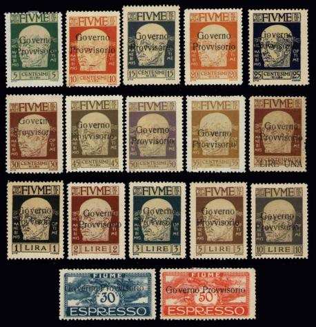Fiume 1921 - Governo Provvisorio, serie completa di 17 valori con espressi. Certificata - Sassone 14963E56