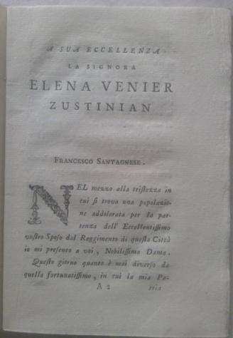 FRANCESCO SANTAGNESE - LA FILOSOFIA POMETTO A S.E. ELENA VENIER ZUSTINIAN 1796 FRANCESCO SANTAGNESE - 1796