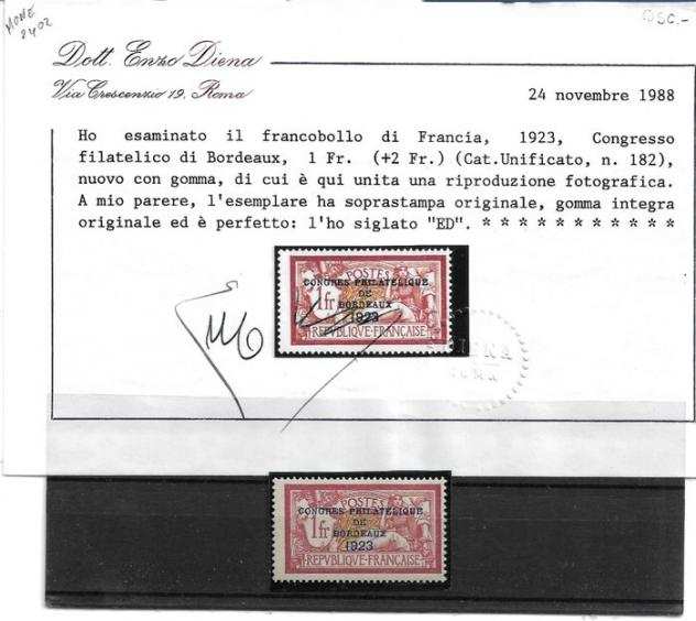 Francia 1923 - Congresso filatelico di Bordeaux - Molto bello gomma integra LUSSO - Unificato N. 182