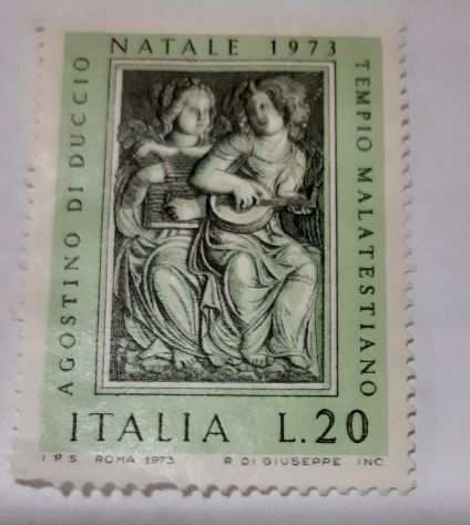 Francobollo Italia -Rettangolare - Verde - Natale 1973 - Tempio Malatestiano -