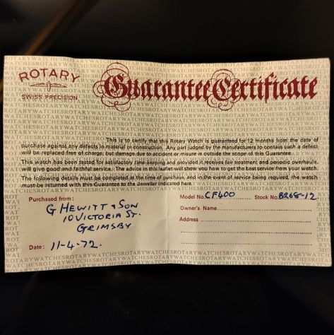 Garanzia originale orologio Rotary vintage.