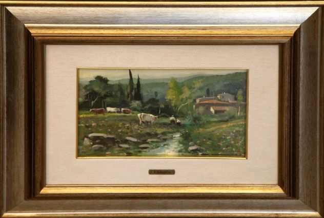 Gianfranco Curandai pittore olio su tavola paesaggio rurale