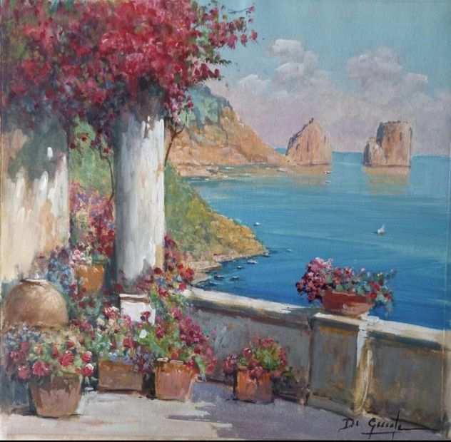 Gianni Di Guida terrazza fiorita a capri acrilico e pastello su tela35x36 tela