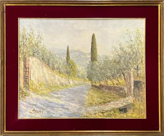 Giuseppe Mazzon pittore olio su tela viale con cipressi e olivi