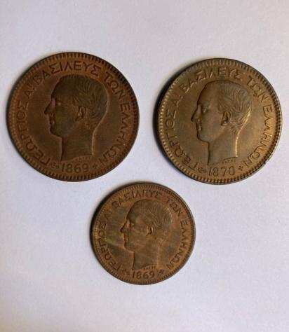 Grecia. Giorgio I (1863-1913). 5 e 10 Lepta 1869-1870, Strasbourg (3 coins)
