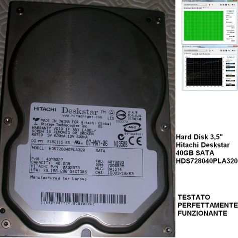 Hard Disk 3,5 Hitachi Deskstar 40GB SATA HDS728040PLA320 TESTATO PE