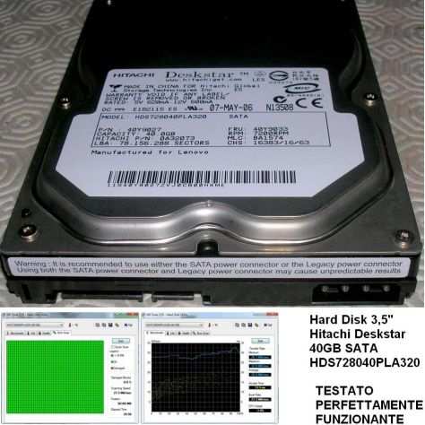 Hard Disk 3,5 Hitachi Deskstar 40GB SATA HDS728040PLA320 TESTATO PE