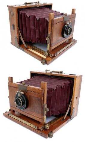 Hermagis ReiseKamera field camera red leather double bellows 13x18cm Walnut Wood E. Krauss 136mm f8 Paris