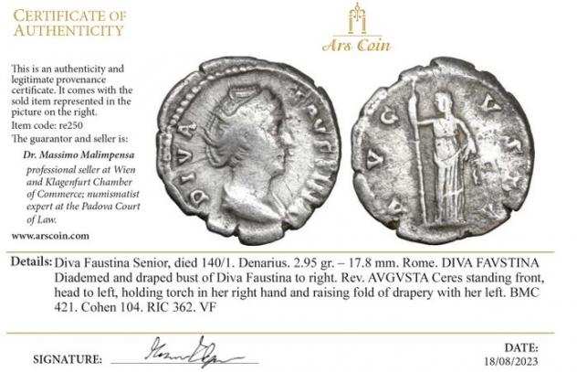 Impero romano. Diva Faustina Senior. Denarius Ceres