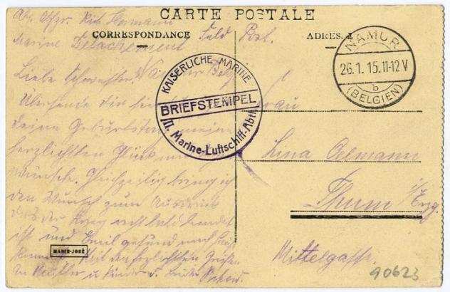 Impero tedesco 1915 - Pionieri dello Zeppelin L.Z. 33 , Dirigibile della Marina Militare L 8  Cartolina postale da Namur - Michel 33 b