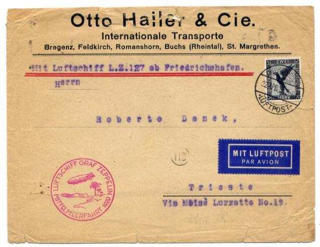 Impero tedesco 1929 - Volo Zeppelin - Mittelmeerfahrt - Mediterraneo copertura commerciale 2 RM, discesa Siviglia - Michel 20 I a - Sieger 24 A