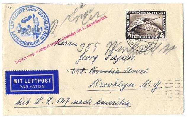 Impero tedesco 1929 - Zeppelin LZ 127 - 1. AMERIKAFAHRT - 1deg volo America - 4 RM di copertura per Brooklyn, New York - Sieger 26 A  27 A , Michel 23