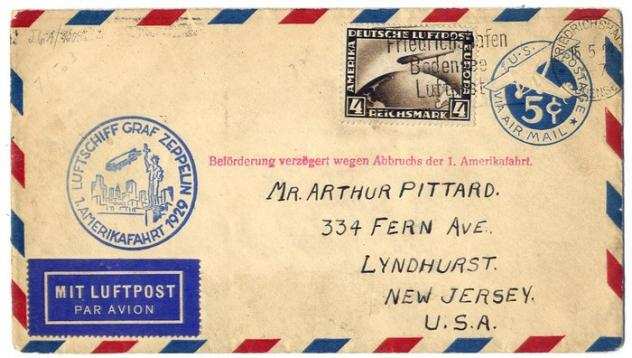 Impero tedesco 1929 - Zeppelin LZ 127 - 1. AMERIKAFAHRT - 1deg volo America - 4 RM di copertura per Lyndhurst - Sieger 26 A  27 A , Michel 23 a  27 a