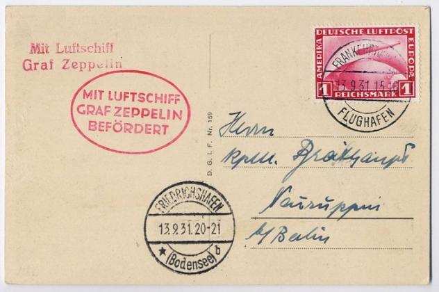 Impero tedesco 1931 - LZ 127 - Zeppelin Fahrt nach Oumlhringen - Francoforte Francoforte - Friedrichshafen 1 carta RM - Sieger 128 D a - Michel 220 b