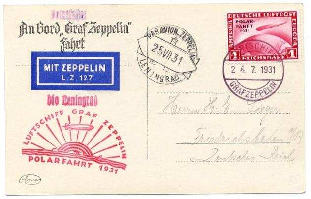 Impero tedesco 1931 - Zeppelin LZ 127 - Polarfahrt Volo Polar carta con 1 RM per Friedrichshafen via Leningrado - Michel 203 d - Sieger 119 B