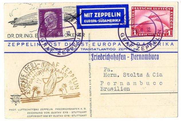 Impero tedesco 1932 - Zeppelin LZ 127 - 3deg SAF SUumlDAMERIKAFHRT ndash Terzo volo Sudamerica cartolina postale per Recife - Sieger 150 A b , Michel 239 c
