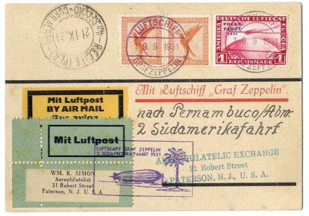 Impero tedesco  Brasile 1931 - Zeppelin LZ 127 - Secondo volo in Sudamerica 2 SAF 1 francobollo RM impresso Polarfarht - Michel 221 C - Sieger 129