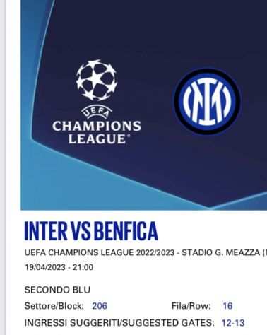 Inter benfica biglietto