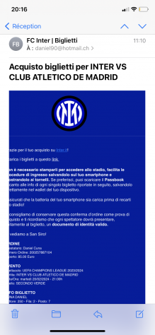 INTER VS CLUB ATLETICO DE MADRID - Vendo 1 biglietto Secondo Anello Verde