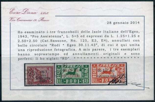 Isole italiane dellrsquoEgeo - questioni generali 1943 - Pro Assistenza Egeo - serie cpl. n. 11825  exp. Cert. R. Diena.