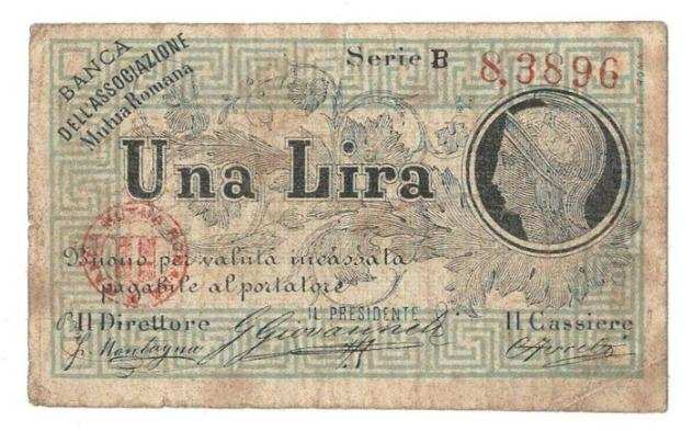 Italia. - 1 Lira Buono - Banca Dellassociazione mutua Romana Biglietto Fiduciario (Senza Prezzo di Riserva)