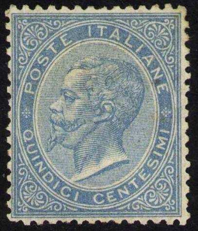Italia 1863 - Vittorio Emanuele II. 15 centesimi celeste chiaro, molto ben centrato. Certificato - Sassone L18