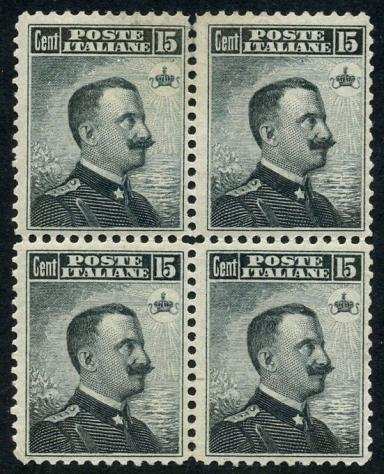 Italia 1906 - Vittorio Emanuele III, 15 centesimi grigio nero dentellato 12. Bella quartina - Sassone N. 80
