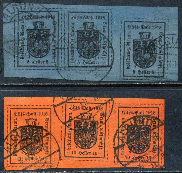 Italia 1918 - Merano 5 heller azzurro nuovo ed usato  2 striscie con i francobolli asimmetrici. Interessante - Sassone N. 7, 11, 12