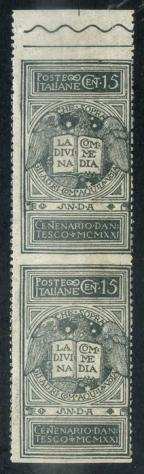 Italia 1921 - Dante 15 c. grigio non emesso, coppia non dentellata orizzontalmente. Bella varietagrave - Sassone N 116Ag