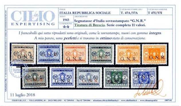 Italia 1944 - RSI -Segnatasse serie di 11 valori della tiratura di Brescia. Certificata - Sassone 47I-57I
