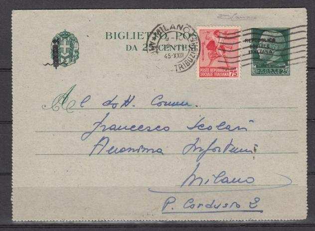 Italia 1945 - 75 Cent. Tamburino senza filigrana usato su biglietto postale RSI (in periodo RSI) - Sassone N. 508
