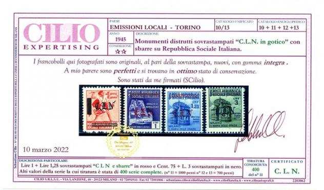 Italia 1945 - CLN - Torino. 4 valori con soprastampa in gotico. Tiratura 400 pezzi. Certificati - Unificato 1113