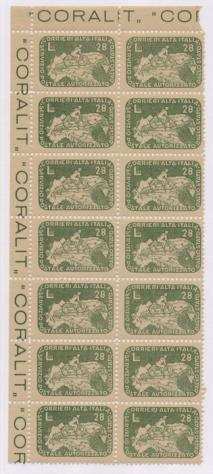 Italia 1945 - Coralit - Ciclista su carta geografica da 28pound (9), blocco di 14 con a.d.f. sup. sx., integro. - Sassone 2024