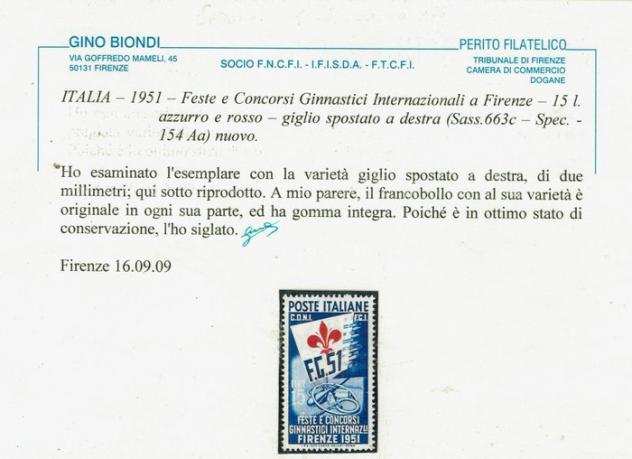 Italia 19511951 - Italia Repubblica - Ginnici - 15 L. Giglio spostato a destra - MNH