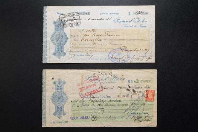 Italia. - 2 Assegni Banca dItalia Lire 19241938 Fiume e Addis Abeba - Gigante BI 9A, 21B (Senza Prezzo di Riserva)