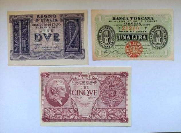 Italia. - 3 banconote Lire 18701944