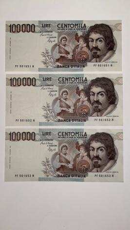 Italia. 3 x 100.000 Lire 1993 ldquoCaravaggiordquo I tipo - consecutive - Gigante BI 84F Pick 110