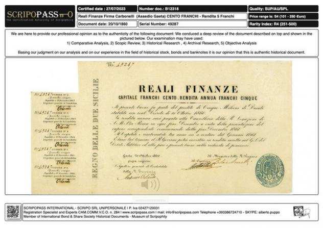 Italia, Italy - Regno delle due Sicilie. - 100 Franchi 1860 - Reali Finanze (Firma Carbonelli) - Assedio di Gaeta