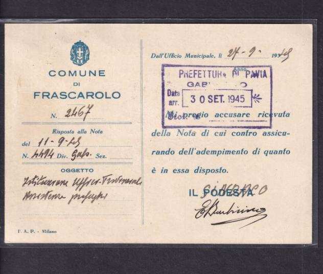 Italia - Luogotenenza 1945 - Cartolina Affrancata con 10c. Rec. Aut. Sopr. Fascetto con Tampone su Autorizzato quotSoraniquot