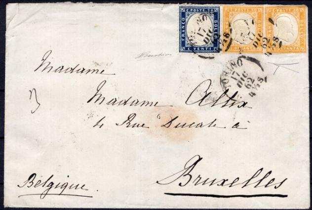 Italia Regno 18581862 - Affrancatura mista con 2 es. del c.80 di Sardegna  c.20 indaco di Regno - molto bella e rara - Sass. Ndeg 17Da2